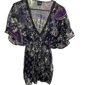 Y2K Daytrip Babydoll Top Sm Sheer Purple Black Beaded V-Neck Fairy Sleeves Boho